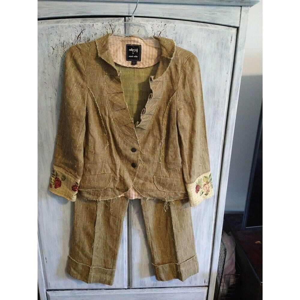 Miller girl Nicole Miller 100% linen crop ruffled embroidered pants Suit Boho